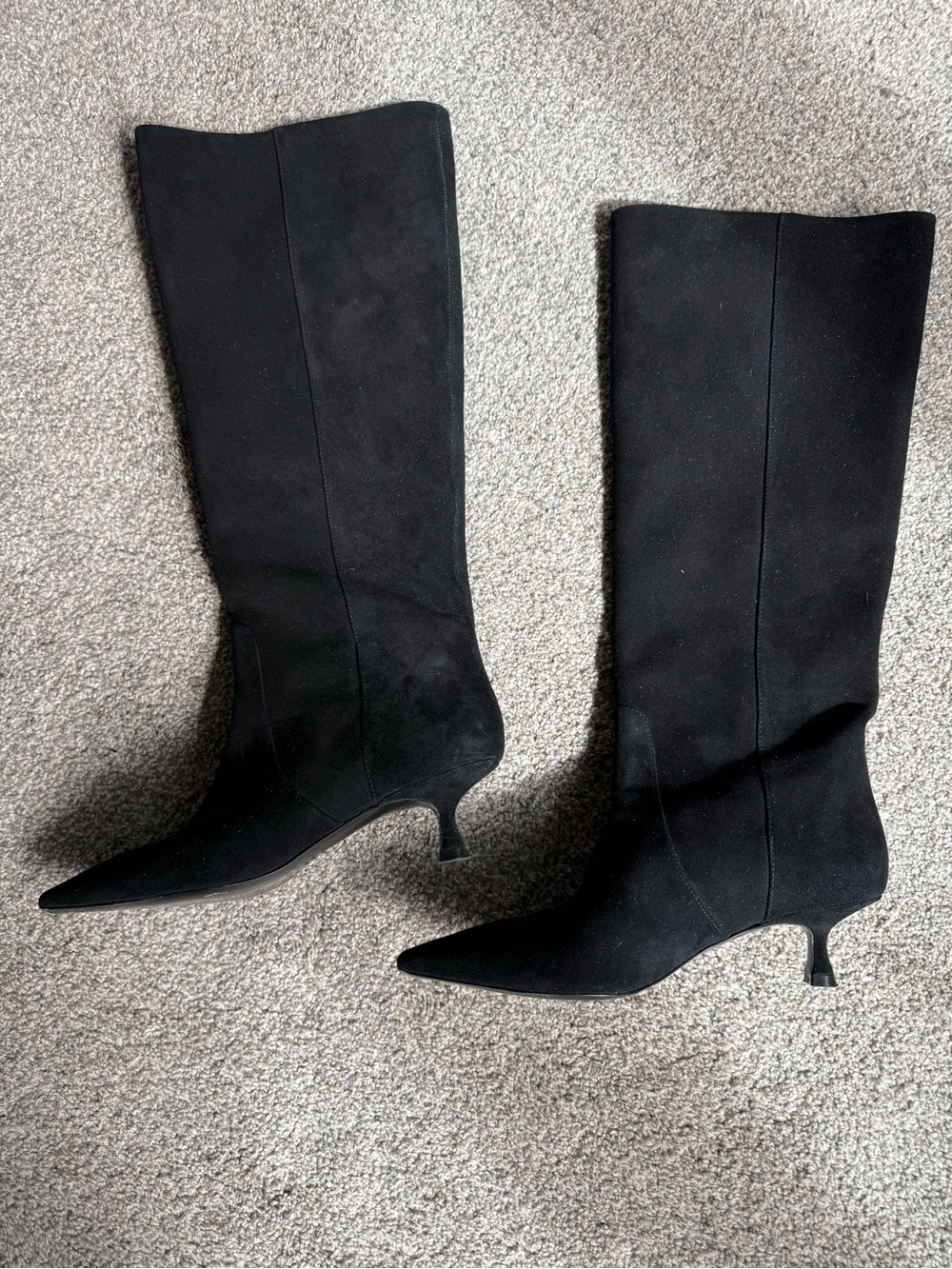 Stuart Weitzman Black Pointed-Toe Knee-High Kitten-Heel Boots